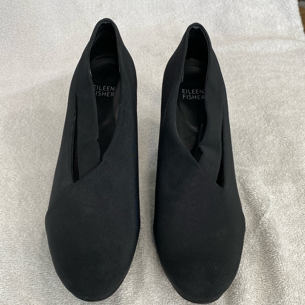Eileen Fisher Women Peek Grosgrain Bootie Pump Black 8 Cutout Slip On Block Heel